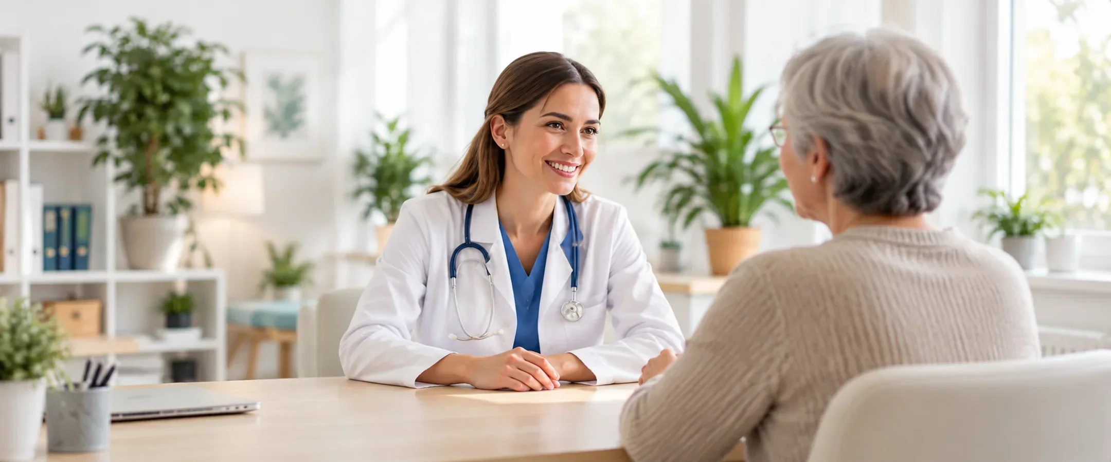 Un médecin échange avec une patiente dans un cabinet lumineux.
