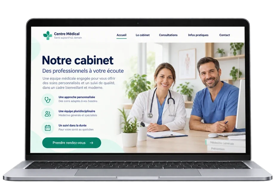 Un site de cabinet médical présenté sur ordinateur.