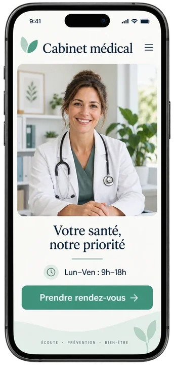Un site de cabinet médical présenté sur téléphone.