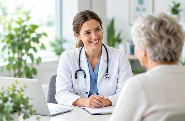 Une doctoresse échange avec une patiente et organise le suivi au cabinet.