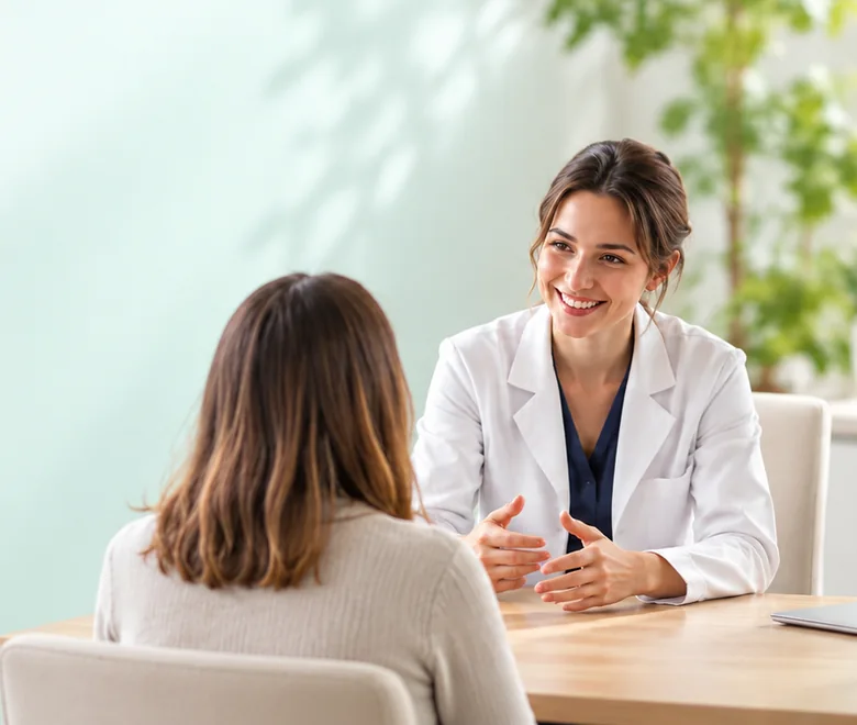 Une doctoresse échange avec sa patiente pendant une consultation.