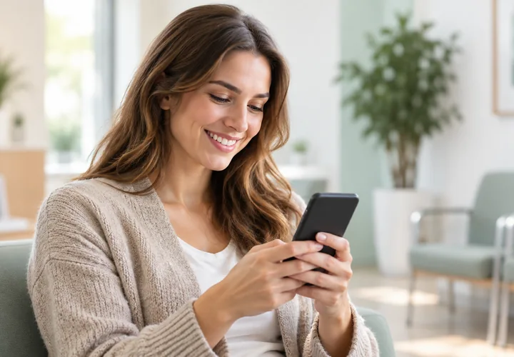 Une patiente consulte son téléphone dans une salle d’attente.