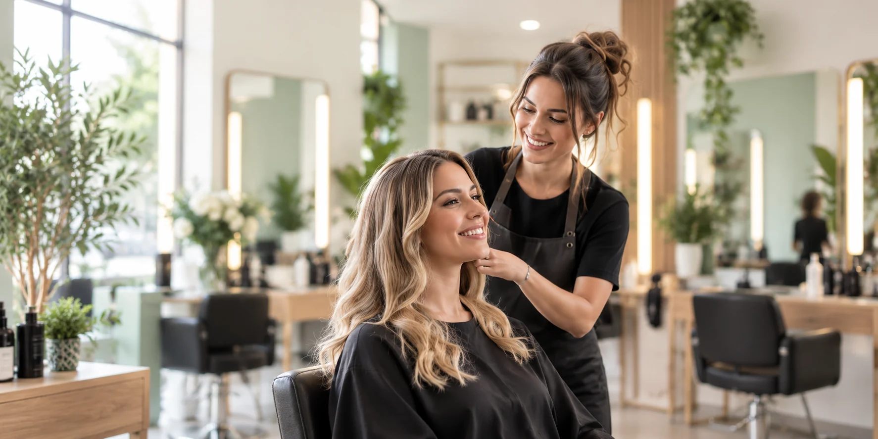 Une coiffeuse accompagne sa cliente dans un salon lumineux.
