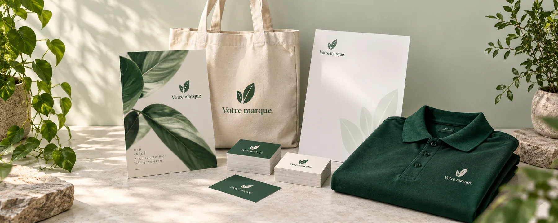 Cartes de visite, flyer, papier à en-tête, sac et polo aux couleurs d’une marque illustrative.