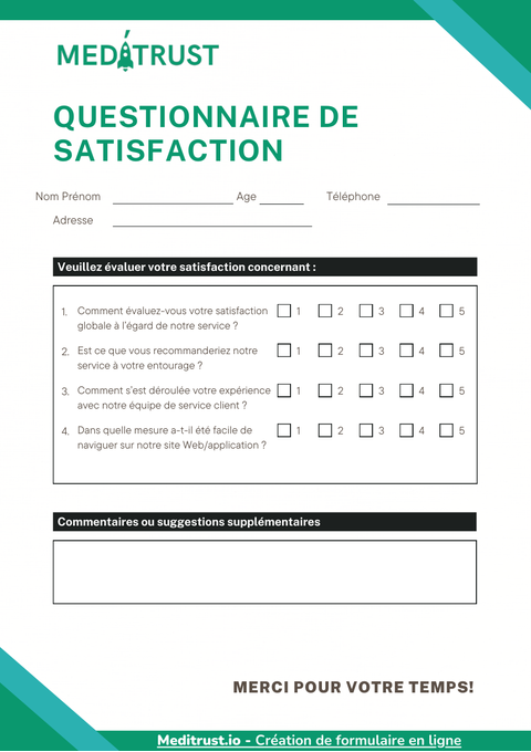 Aperçu du modèle Meditrust de questionnaire de satisfaction, une page
