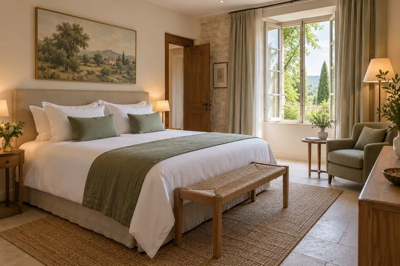 Chambre d’hôtel lumineuse avec lit préparé et espace de repos.
