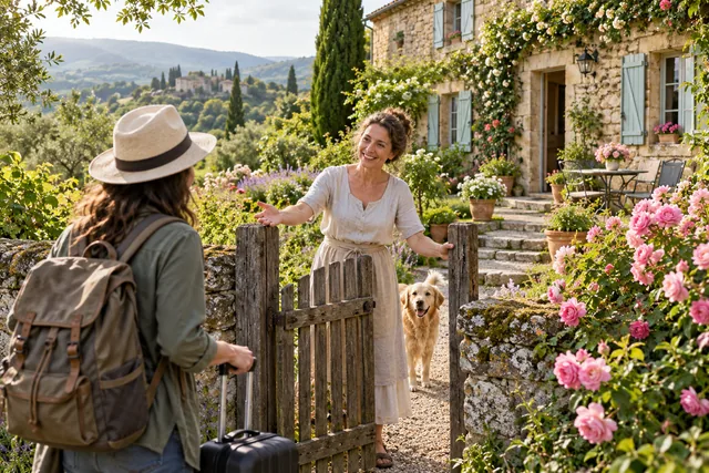 Maison d’hôtes entourée d’un jardin.