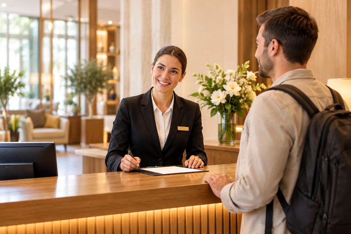 Une réceptionniste échange avec un voyageur à la réception d’un hôtel.