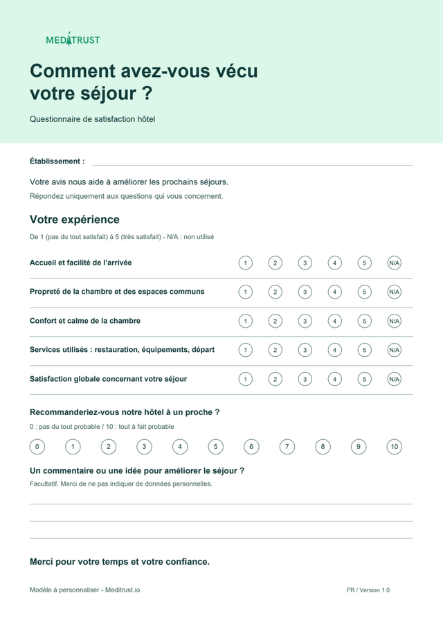 Aperçu de la première page du véritable modèle PDF hôtel Meditrust.