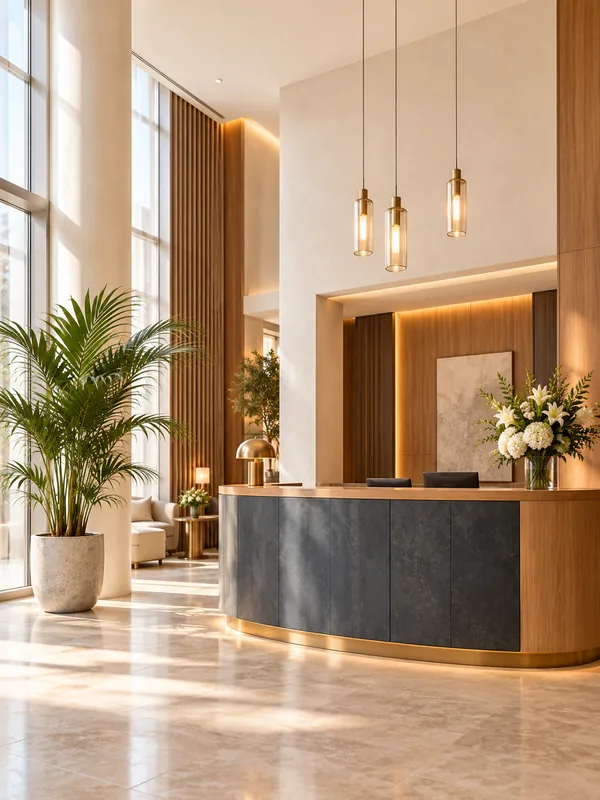 Espace de réception d’hôtel lumineux avec plantes et comptoir.