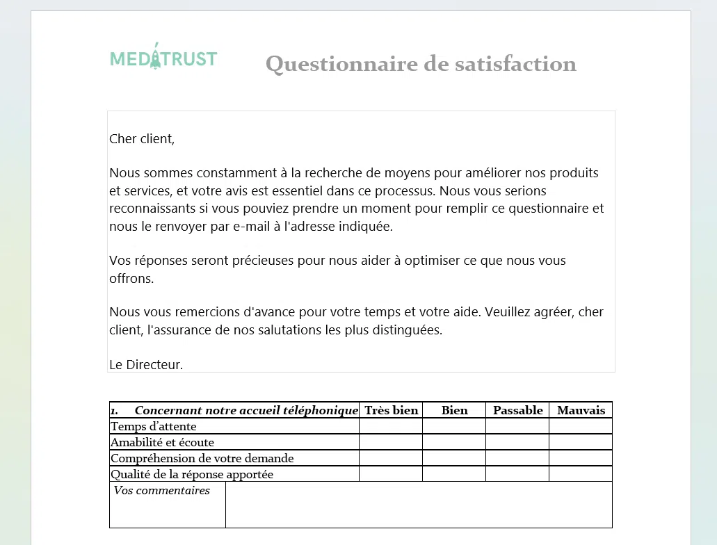 Aperçu du véritable modèle Word : introduction et tableau de satisfaction sur l’accueil téléphonique.