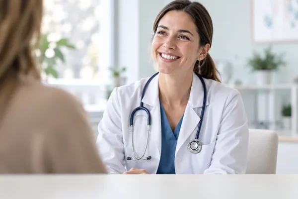 Professionnelle de santé accueillant une patiente