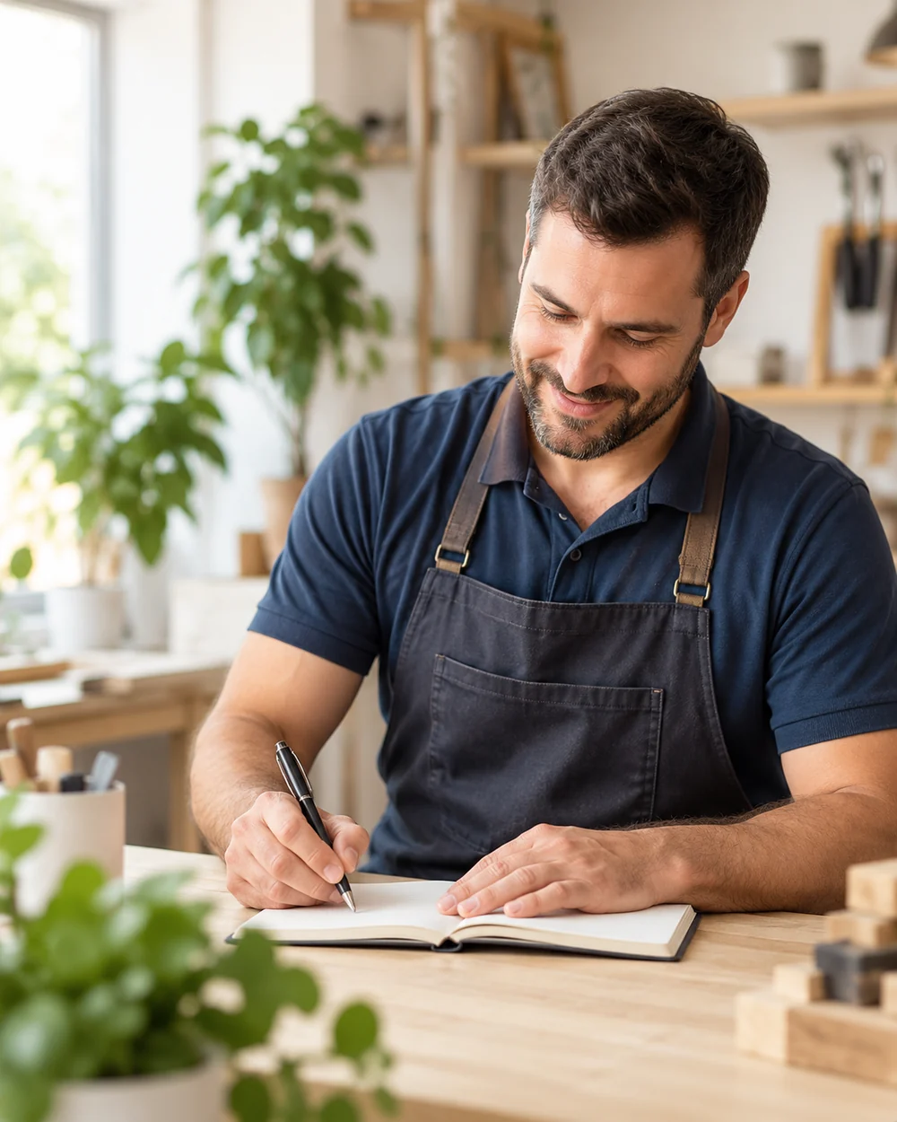 Artisan préparant ses contenus dans son atelier lumineux