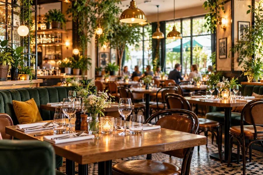 Une salle de restaurant chaleureuse, avec des tables dressées.