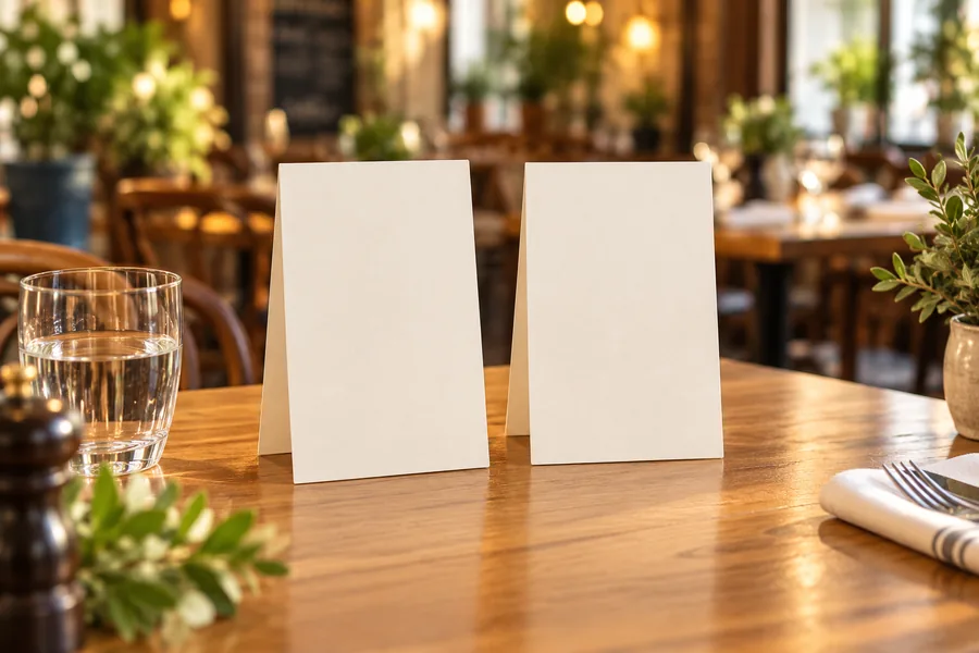 Une table de restaurant en bois, support du parcours menu et questionnaire.
