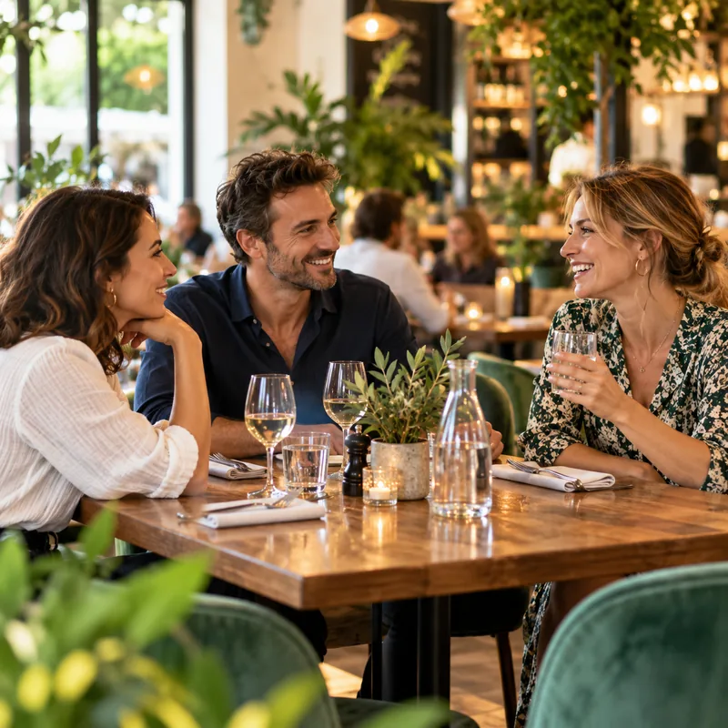 Visuel IA de clients attablés dans une ambiance conviviale.