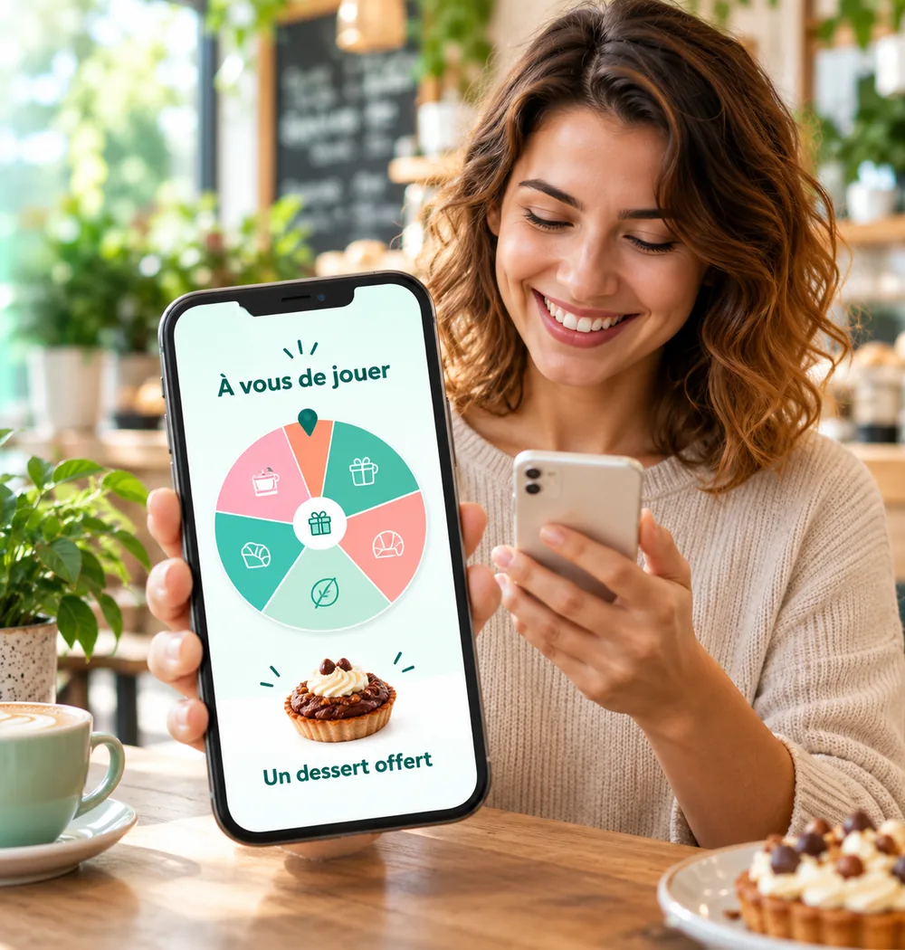 Une cliente participe à une roue cadeaux sur son smartphone dans un commerce.