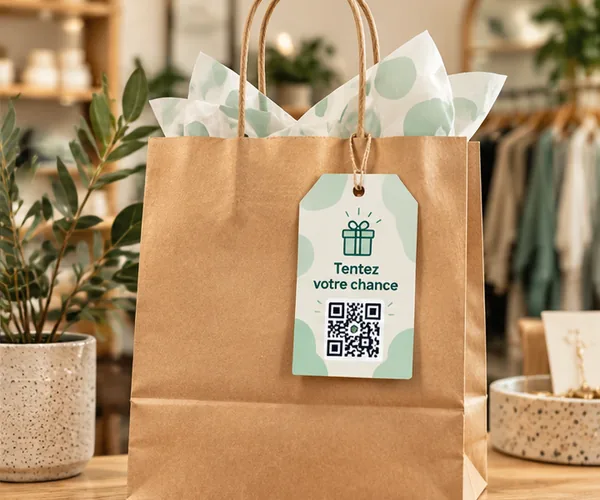 Invitation à jouer par QR code sur un sac kraft.