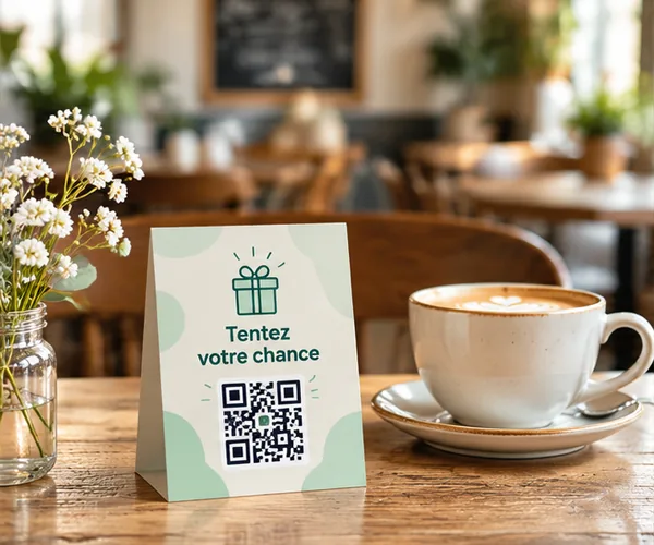 Invitation à jouer par QR code sur une table de café.