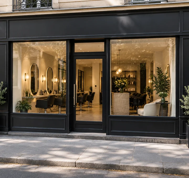 Façade et entrée d’un salon de coiffure.