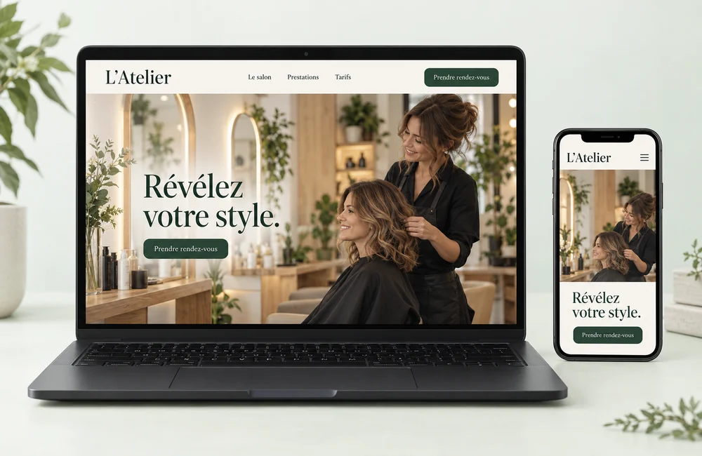 Un site de salon présenté sur ordinateur et téléphone.