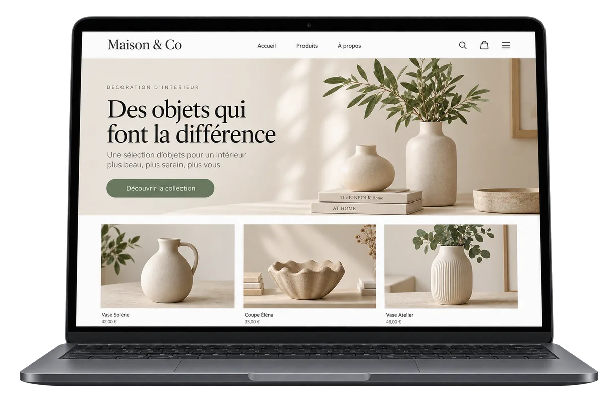 Aperçu d’une boutique en ligne présentée sur un ordinateur portable.