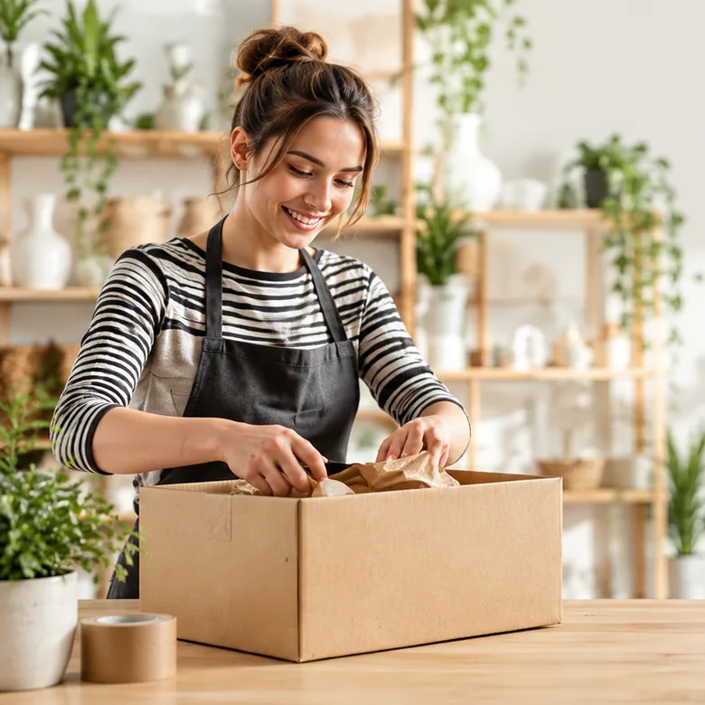 Une commerçante prépare une commande dans sa boutique
