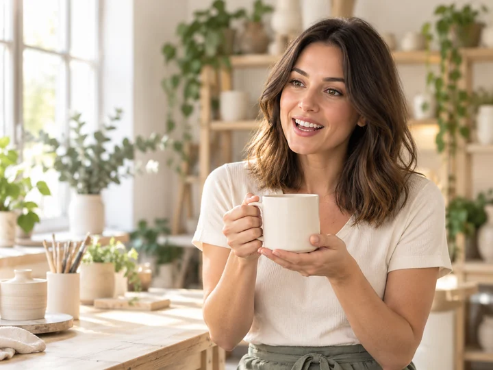 Une créatrice présente une tasse en céramique face à la caméra.