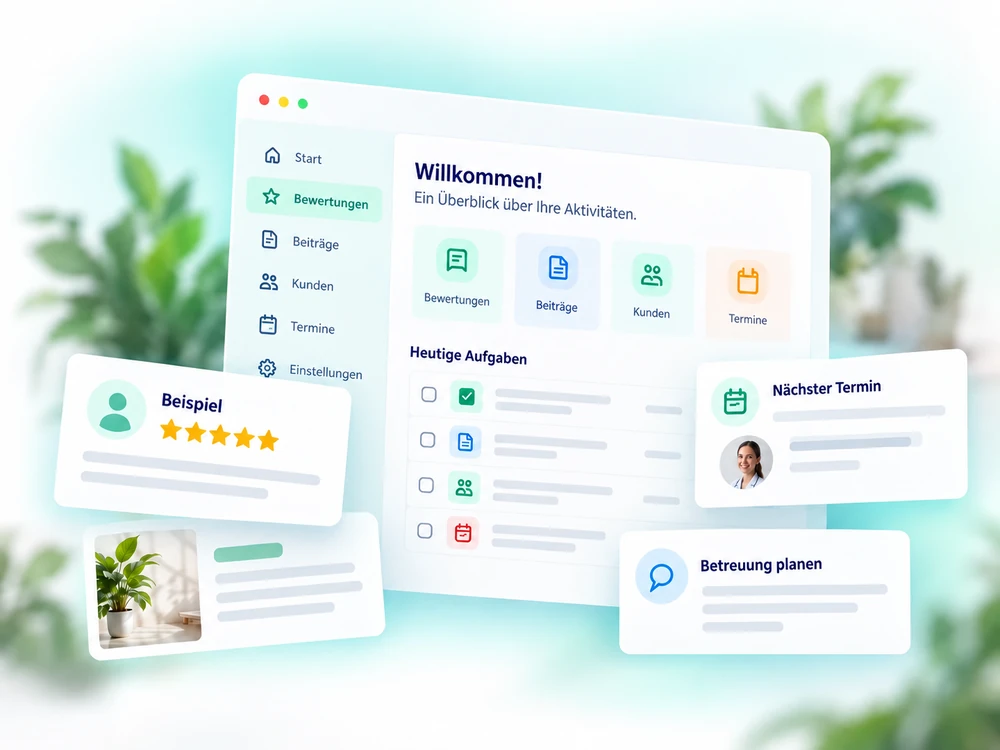 Illustration vernetzter Tools für Bewertungen, Beiträge und Terminbetreuung.