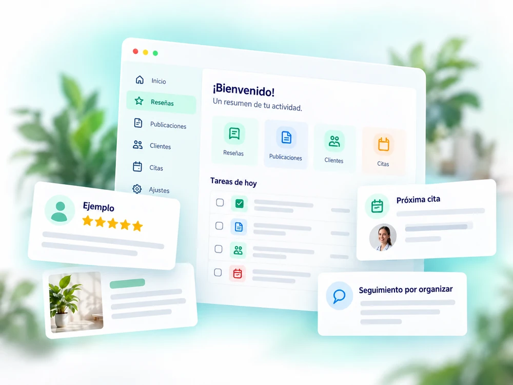 Ilustración de herramientas conectadas para reseñas, publicaciones y seguimiento de citas.
