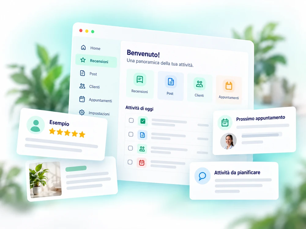 Illustrazione di strumenti connessi per recensioni, post e gestione degli appuntamenti.