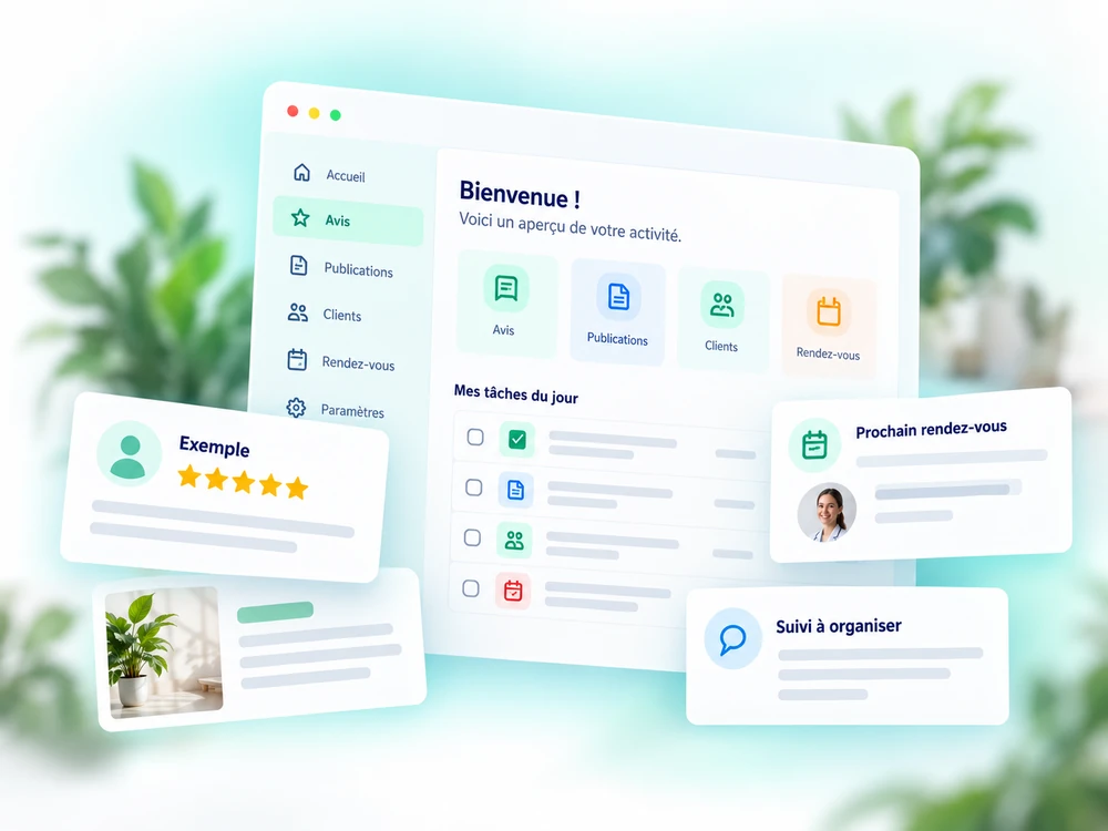Illustration d’outils connectés pour les avis, les publications et le suivi des rendez-vous.