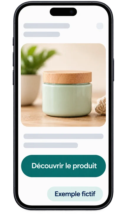 Exemple fictif de page d’arrivée mobile : le même pot et une action Découvrir le produit.