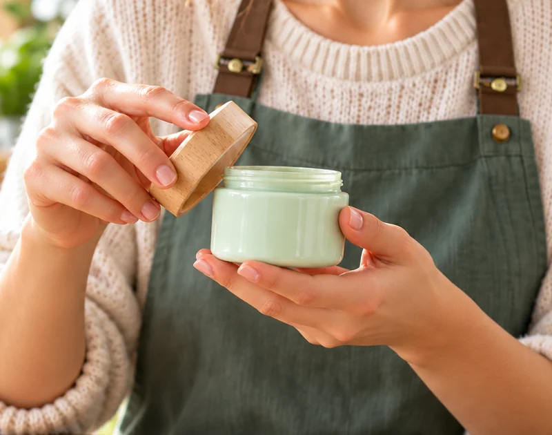 Gros plan sur les mains de la créatrice qui ouvre le couvercle du même pot.