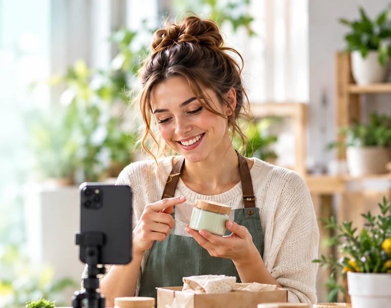 Une créatrice présente un pot sage devant le téléphone qui la filme.
