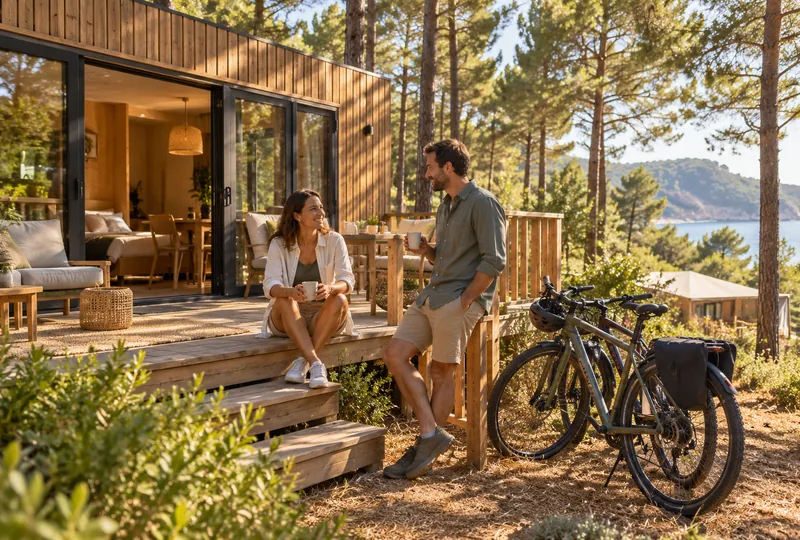 Des voyageurs dans un camping arboré.