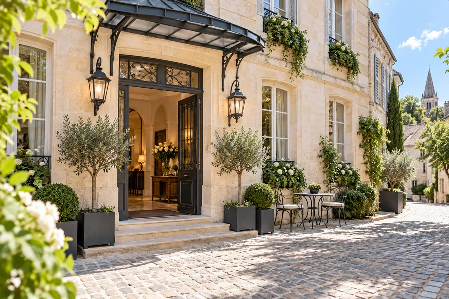 Façade d’un hôtel accueillant entouré de verdure.