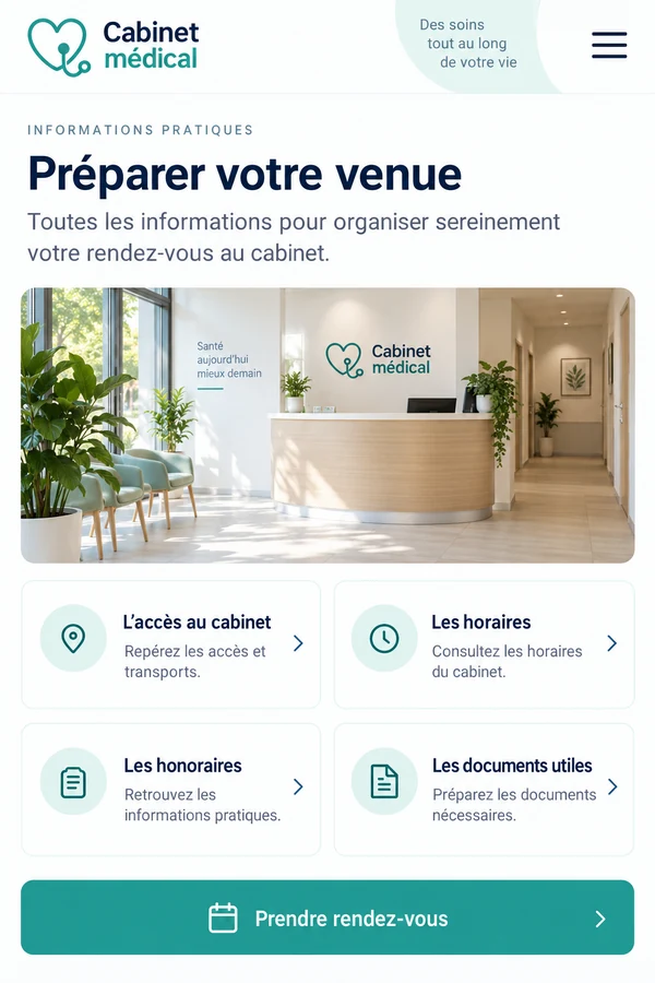 Écran mobile des informations pratiques du même cabinet médical