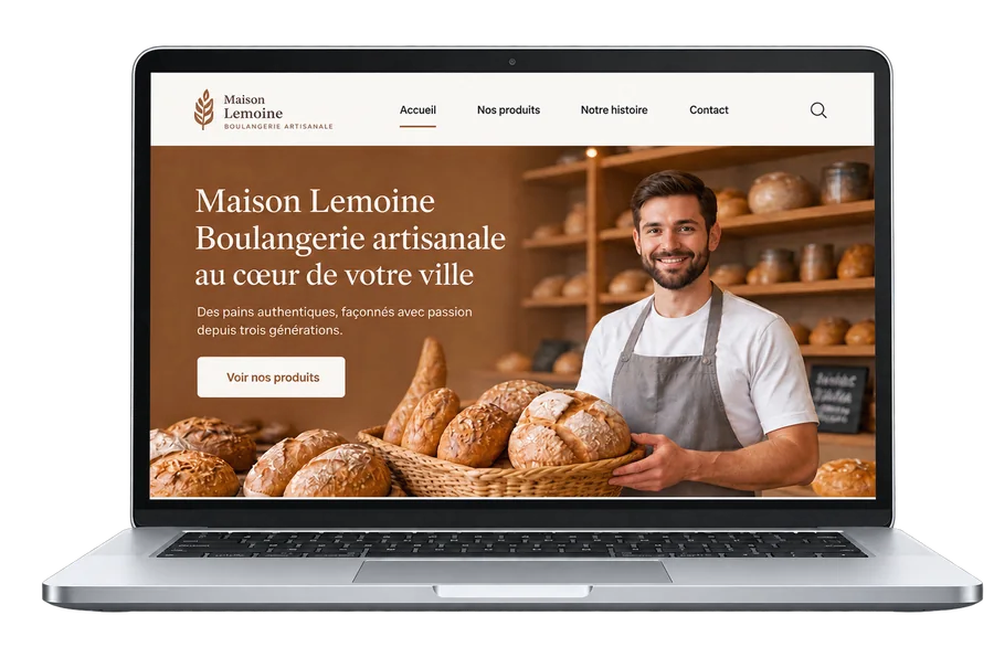 Propositions graphiques de sites de boulangerie, de santé et d’artisanat, présentées sur des écrans.