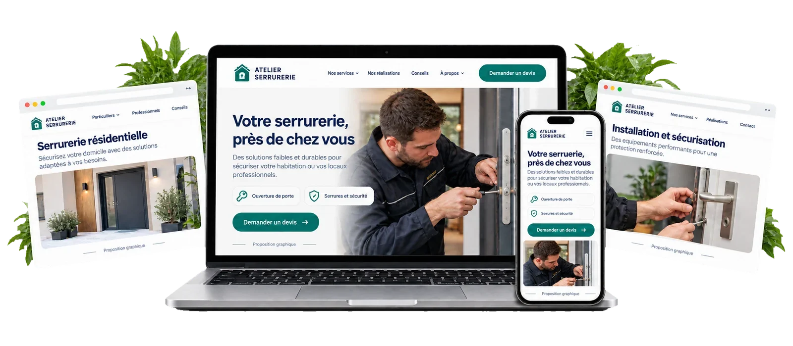 Proposition de site de serrurerie sur ordinateur et téléphone, avec deux fenêtres de présentation complémentaires