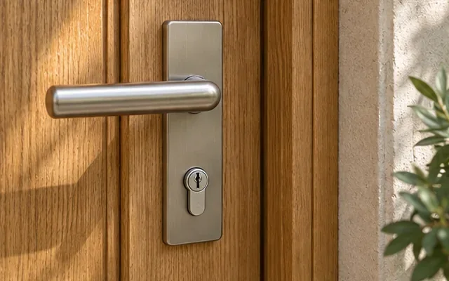 Détail d’une poignée et d’une serrure installées sur une porte en bois