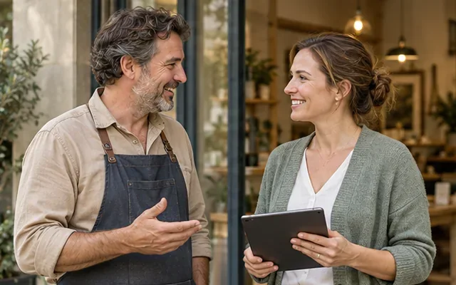 Artisan échangeant avec une cliente sur un projet pour son local