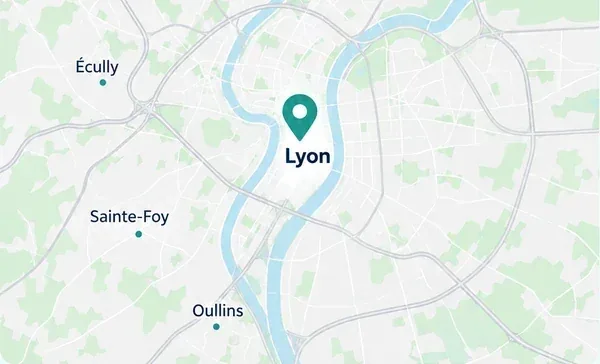 Carte illustrative d’un secteur autour de Lyon, avec des repères géographiques