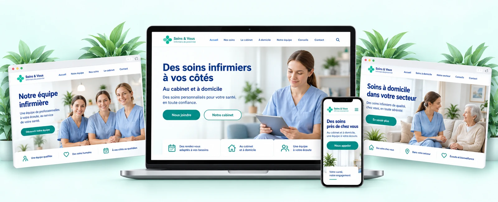 Proposition de site infirmier sur ordinateur et téléphone, avec deux compositions complémentaires