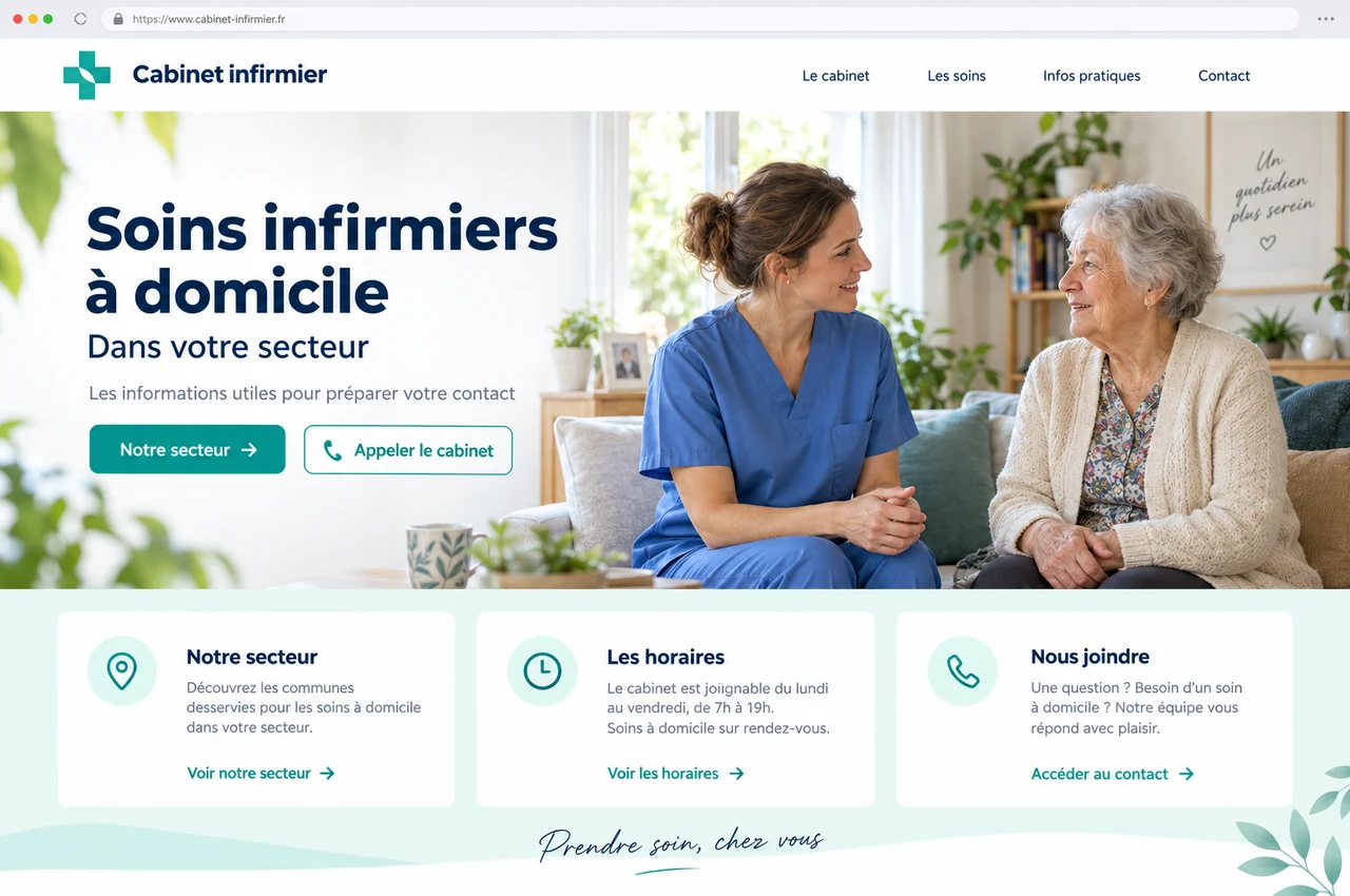Proposition graphique d’un site infirmier présentant le cabinet et les soins à domicile