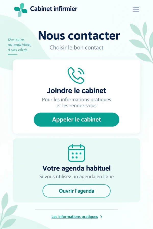 Exemple de page mobile présentant le contact et le lien vers l’agenda du cabinet