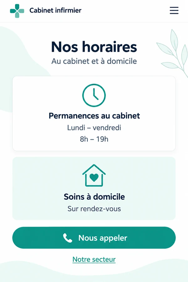 Exemple de page mobile présentant les permanences d’un cabinet infirmier
