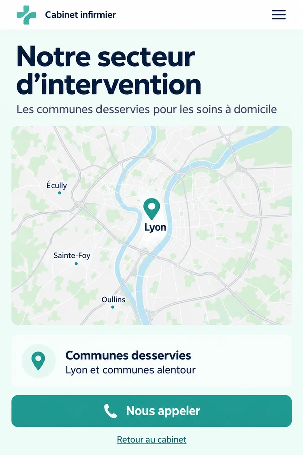 Exemple de page mobile présentant le secteur d’intervention d’un cabinet infirmier