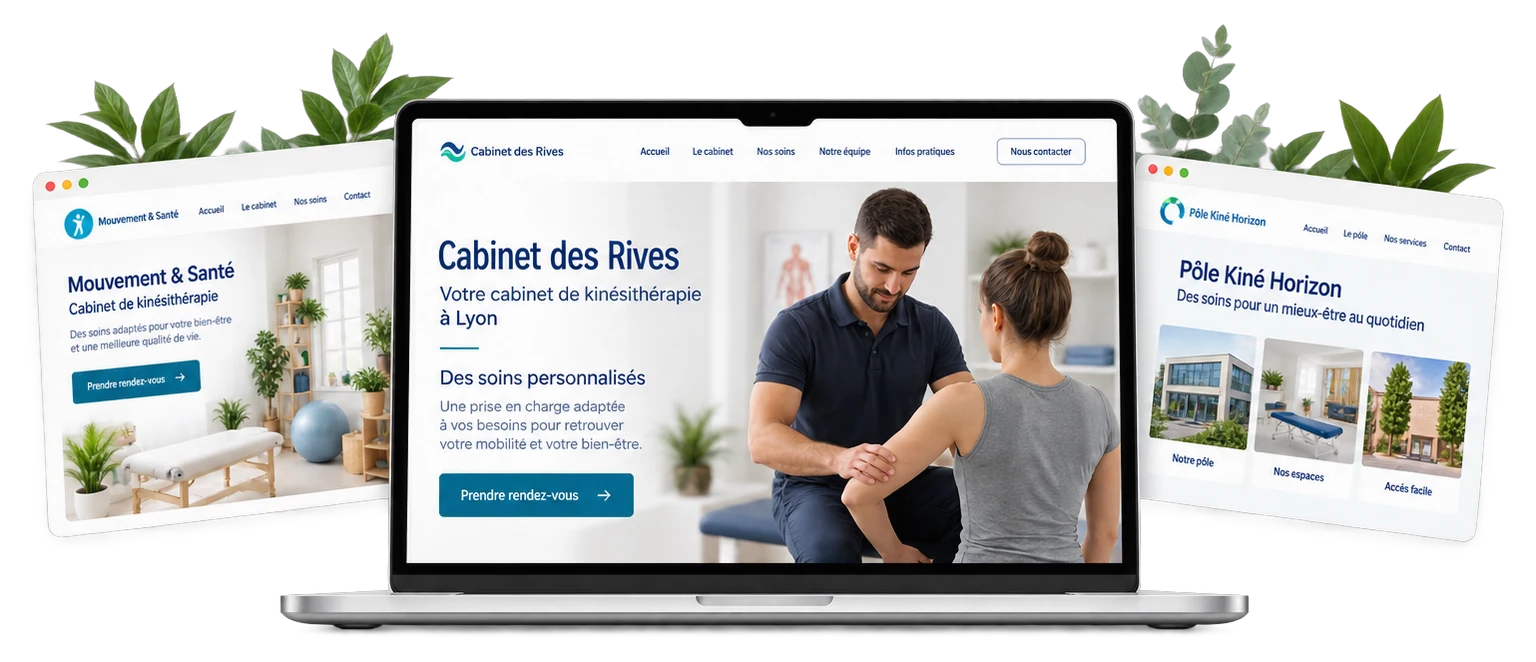 Proposition de site Cabinet des Rives sur ordinateur, accompagnée de deux propositions de sites de kinésithérapie