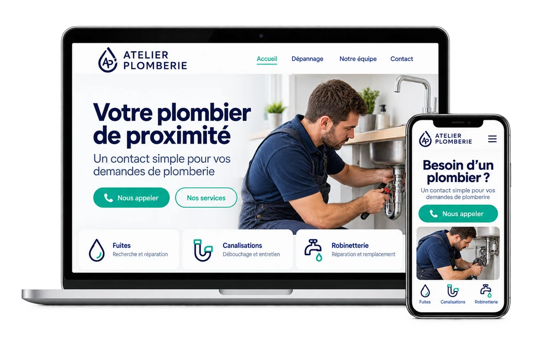 Proposition graphique de site de plomberie de proximité sur ordinateur et téléphone